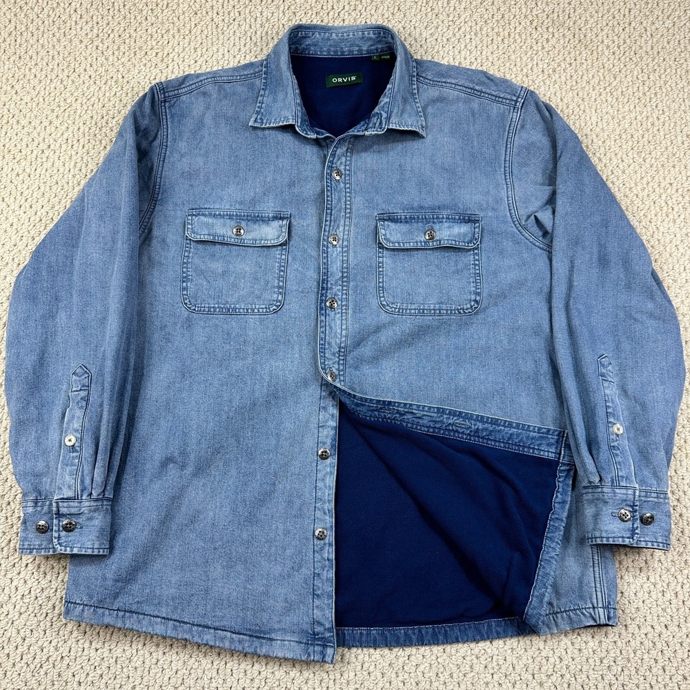 Orvis Shacket Mens L Blue Denim Fleece Lined Shirt Long Sleeve Button Outdoor